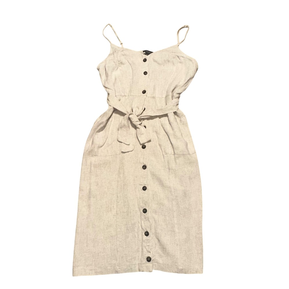 Primark Linen Blend Button Front Midi Dress Beige Tie Waist Cami Size 10‎ - Picture 2 of 6